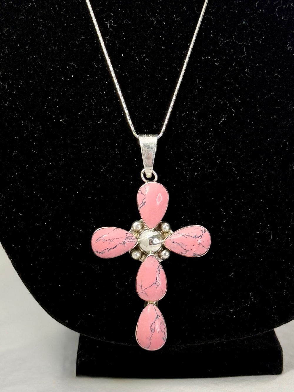 ARTISAN - MEXICO Sterling Silver Pink Howlite Teardrop Large Cross Necklace